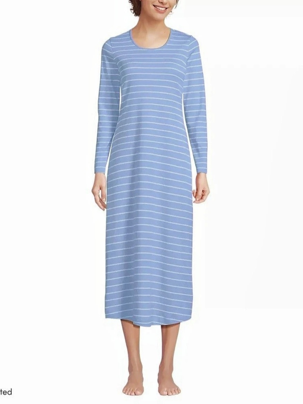 Lands' End Women's Cotton Long Sleeve Midcalf Nightgown Blue Sky Stripe. Sz S